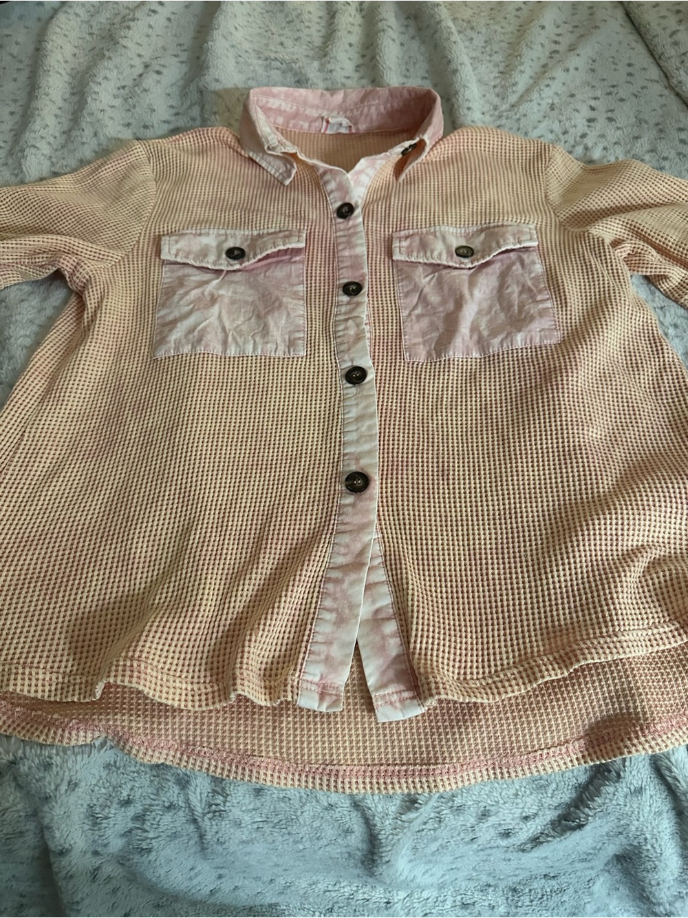 BiBi Peach-Pink Waffle Knit Button-Down Shirt